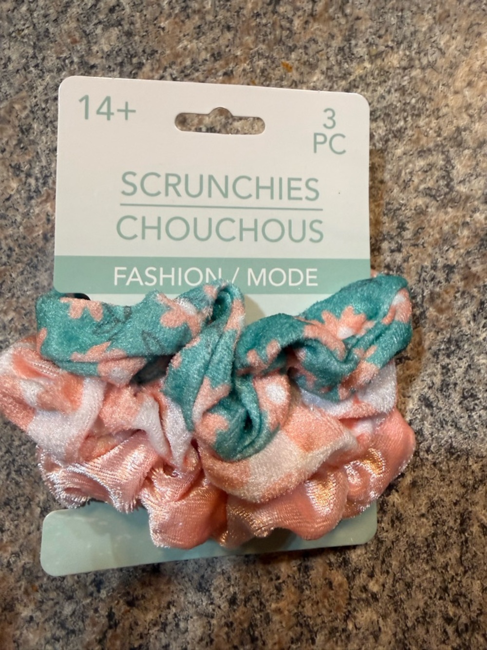 3-Pack Floral Velvet Scrunchies in Teal and Peach